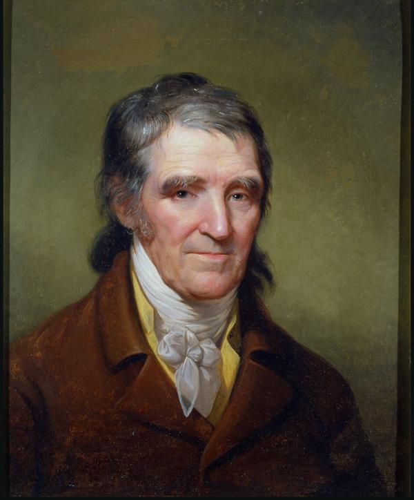 Oil on canvas of William Findley, with shoulder length, salt and pepper hair. He is wearing a dark suit and ascot. 